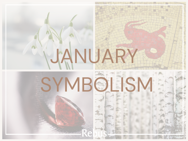 Four image tiles showing clockwise snowdrops, the sign of the Capricorn in mosaics, the fir tree, and a garnet gemstone