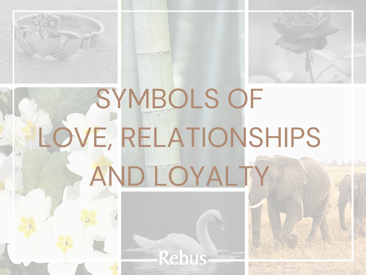 Collage of symbols of love, including Claddagh ring, rose, bamboo, swan, primrose, and elephants